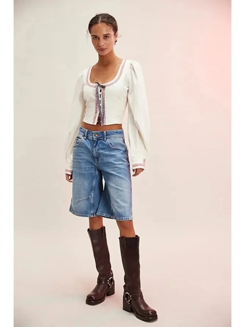 NWT Free People Mada Top Cream Peasant Boho Cropped Scoop Neck Blouse Size L